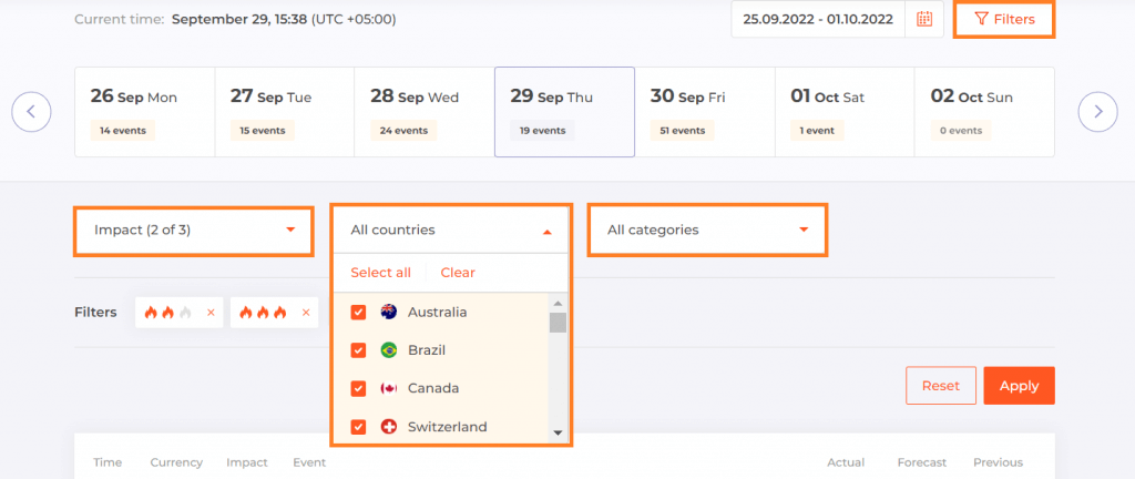 Opções de filtro para o calendário econômico