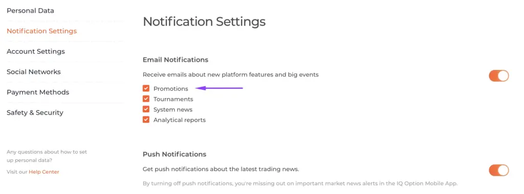 Paramètres de notification sur IQ Option