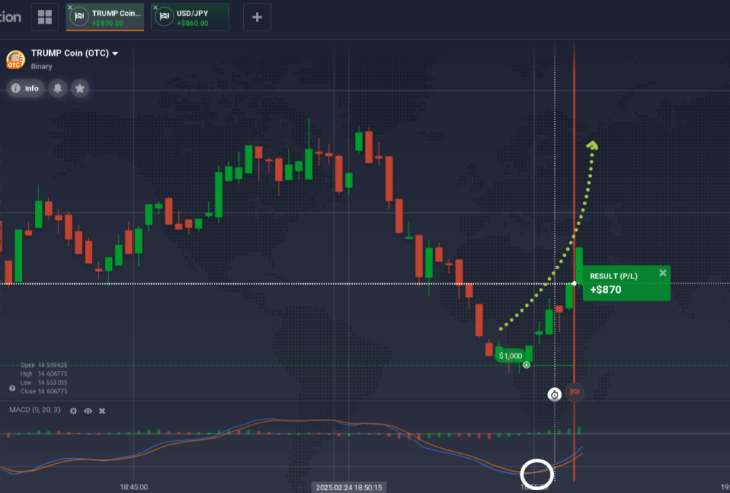 Example of a successful bullish Binary Options trade based on the MACD signal